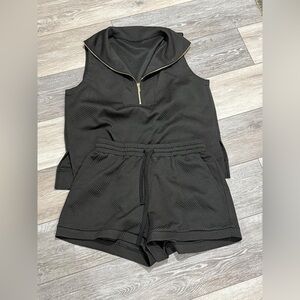 Black Sleeveless Zip-Up Top and Shorts Set